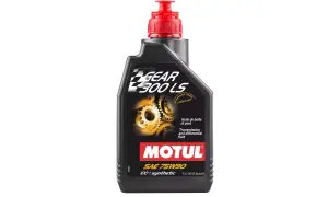 Czarna butelka z czerwonym korkiem, zawierająca motul olej przekładniowy Gear 300 LS SAE 75W90. Widoczne koła zębate i napis "Limited slip".