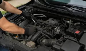 Mechanik w czarnych rękawiczkach dokręca śrubę w silniku. To pokazuje, co daje chip tuning w silniku wolnossącym – więcej mocy i lepsze osiągi.