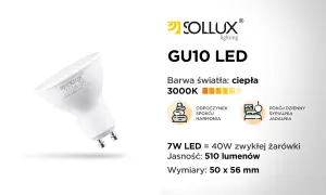 Żarówka LED GU10 7W 510lm 3000K, porównywalna do 40W tradycyjnej. Pokazuje różnicę między żarówkami halogenowymi a retrofitami LED.