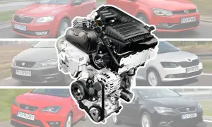 Silnik TSI w centrum, otoczony samochodami. Które silniki TSI są dobre? Ten wygląda na solidny, napędzający różne modele VW, Skody i Seata.