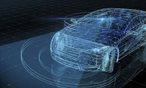 Sekrety "ukrytych usterek": jak mechanicy sprawdzają stan zawieszenia na szarpakach. Cyfrowy model auta na tle siatki.