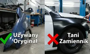 Porównanie: używany oryginalny błotnik (zielony ptaszek) vs tani zamiennik (czerwony krzyżyk). Jak odróżnić zderzak oryginalny używany od nowego zamiennika.