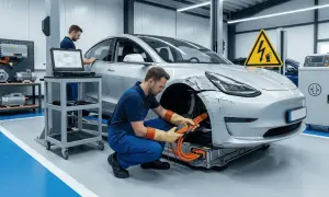 Mechanicy badają uszkodzone auto elektryczne. Czy to zapowiedź, dlaczego mechanicy odmawiają naprawy aut elektrycznych w 2026 roku?