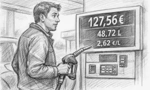Zaskoczony kierowca widzi rachunek za paliwo 127,56€. Zastanawia się, ile naprawdę zarabia mechanik na marży za części, gdy ceny tak rosną.