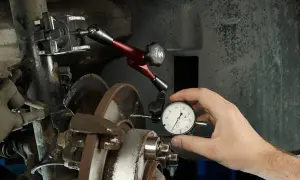 Mechanik mierzy bicie tarczy hamulcowej, co może być jedną z przyczyn bicia kierownicy przy hamowaniu z dużej prędkości.