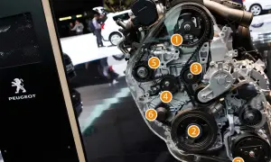 Przekładnia paska klinowego w silniku Peugeot. Numerowane elementy ułatwiają zrozumienie, jak sprawdzić stan paska klinowego bez zdejmowania osłon.