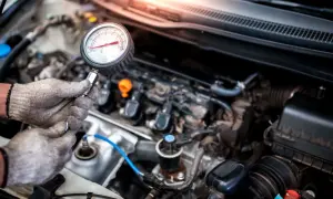 Mechanik sprawdza ciśnienie sprężania silnika benzynowego za pomocą manometru.