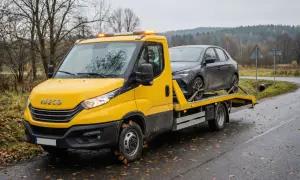 Żółta laweta Iveco z ciemnym samochodem na platformie. Zastanawiasz się, ile kosztuje laweta?