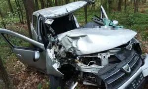 Zniszczony samochód w lesie po wypadku. Luźny zderzak mógł przyczynić się do tragicznych skutków jazdy na autostradzie.