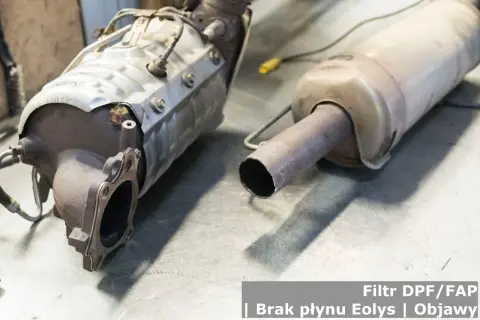 Dwa filtry DPF/FAP leżące obok siebie. Jeden z nich jest mocno zabrudzony, co może sugerować, czy mokry dpf się wypala.