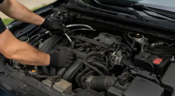 Mechanik w czarnych rękawiczkach dokręca śrubę w silniku. To pokazuje, co daje chip tuning w silniku wolnossącym – więcej mocy i lepsze osiągi.