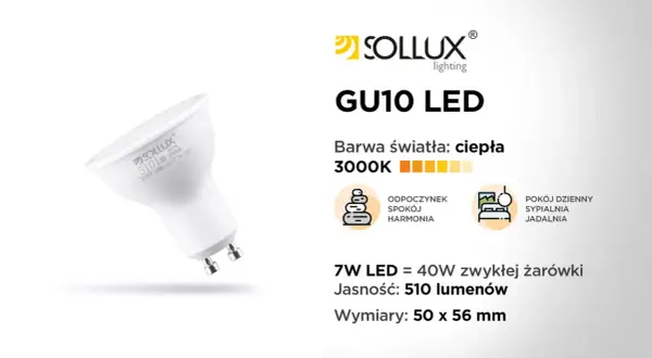 Żarówka LED GU10 7W 510lm 3000K, porównywalna do 40W tradycyjnej. Pokazuje różnicę między żarówkami halogenowymi a retrofitami LED.