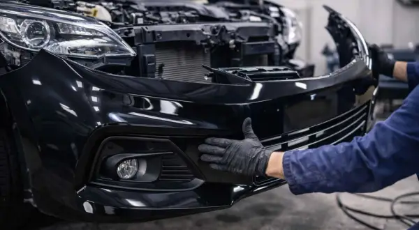 Mechanik w czarnej rękawiczce przykłada dłoń do czarnego zderzaka samochodu.