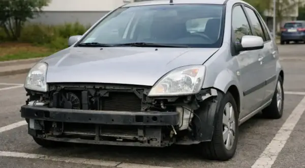 Srebrny samochód bez przedniego zderzaka. Jazda bez niego to ryzyko wypadku i pewny mandat karny.