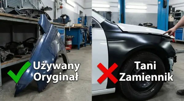 Porównanie: używany oryginalny błotnik (zielony ptaszek) vs tani zamiennik (czerwony krzyżyk). Jak odróżnić zderzak oryginalny używany od nowego zamiennika.