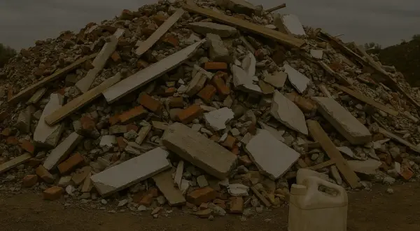 Góra gruzu budowlanego, cegieł i desek. Plastikowy kanister na pierwszym planie. To przypomina, dlaczego serwisy oponiarskie doliczają opłatę za utylizację ciężarków ołowianych.