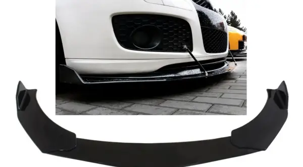 Czarny splitter przedniego zderzaka, pokazujący jak zamontować go dla poprawy aerodynamiki.