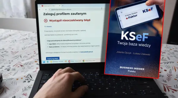 Czy warsztaty niezależne stracą dostęp do cyfrowych książek serwisowych w 2026? Na ekranie laptopa błąd logowania do KSeF, a obok smartfon z aplikacją.