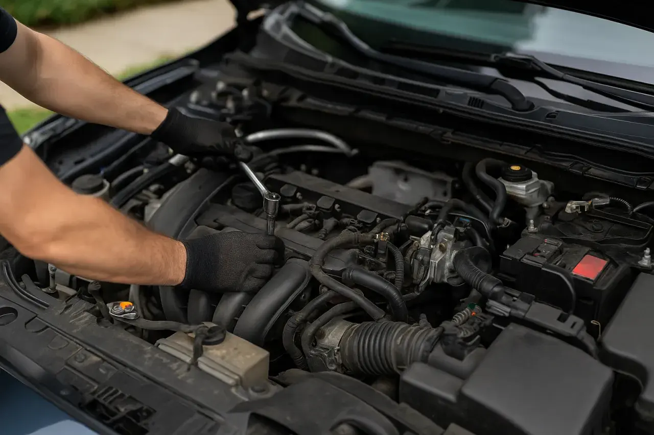 Mechanik w czarnych rękawiczkach dokręca śrubę w silniku. To pokazuje, co daje chip tuning w silniku wolnossącym – więcej mocy i lepsze osiągi.