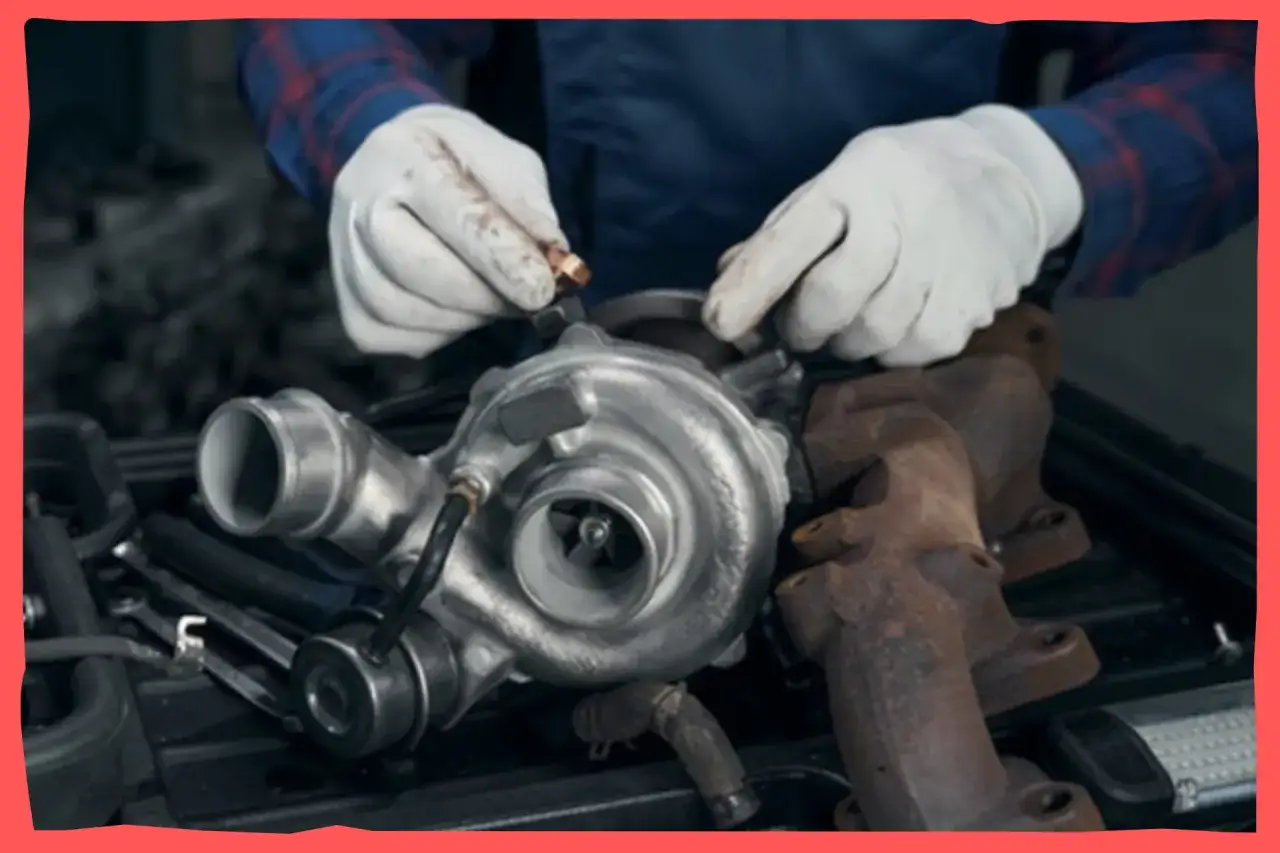 Mechanik w białych rękawiczkach sprawdza turbosprężarkę, by dowiedzieć się, jak sprawdzić czy turbina puszcza olej do intercoolera.