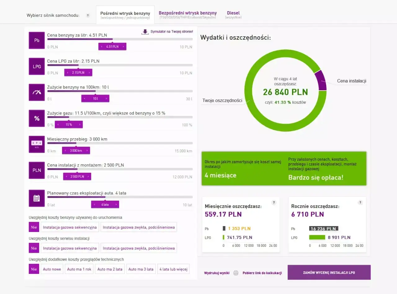 Symulator porównuje różnice między wtryskiem pośrednim a bezpośrednim w LPG, pokazując oszczędności.