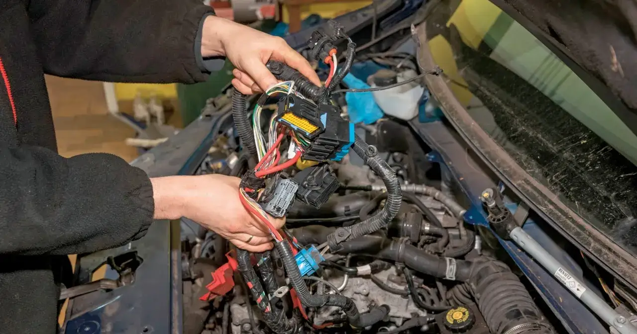 Mechanik manipuluje wiązką przewodów w komorze silnika. Prawda o rzekomym zakazie montażu używanych części zamiennych przez serwisy.