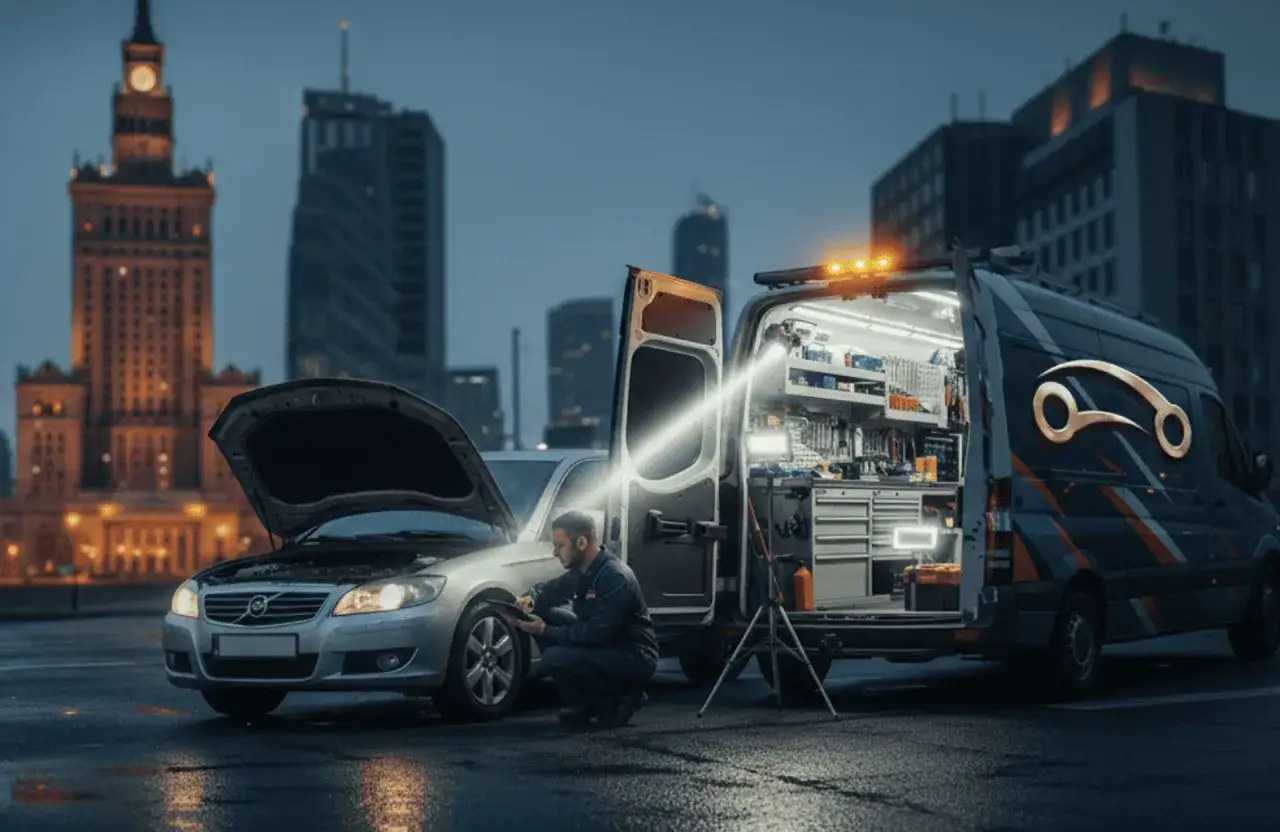 Mechanik w mobilnym serwisie naprawia auto w mieście. To odpowiedź na pytanie, dlaczego mechanicy w dużych aglomeracjach rezygnują z napraw