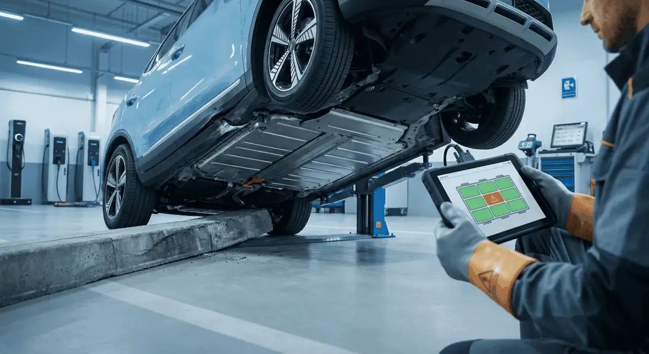 Mechanik z tabletem analizuje awarię baterii auta elektrycznego. Czy to powód, dlaczego mechanicy odmawiają naprawy aut elektrycznych w 2026 roku?