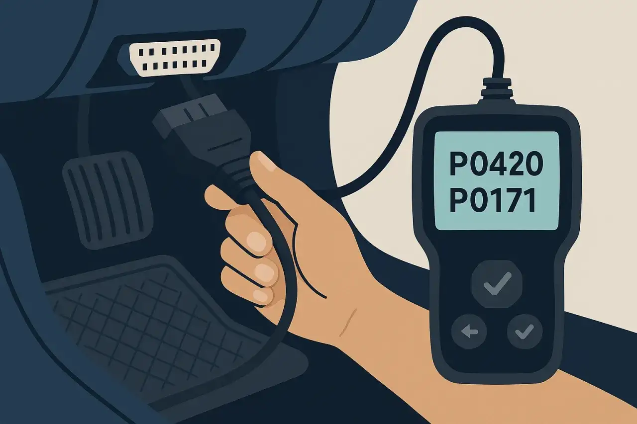 Ręka podłącza skaner OBD-II do portu w samochodzie, pokazując błędy P0420 i P0171. Dowiedz się, jak usunąć błąd check engine bez wizyty u mechanika.