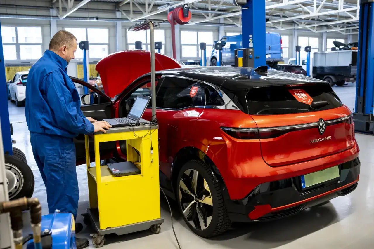 Mechanik diagnozuje czerwonego elektrycznego Renault Megane. Czy to zapowiedź, dlaczego mechanicy odmawiają naprawy aut elektrycznych w 2026 roku?