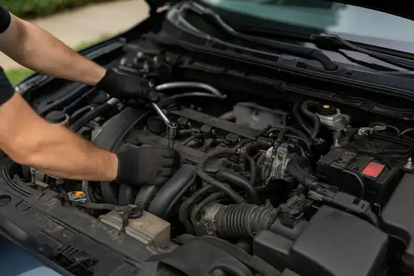 Mechanik w czarnych rękawiczkach dokręca śrubę w silniku. To pokazuje, co daje chip tuning w silniku wolnossącym – więcej mocy i lepsze osiągi.