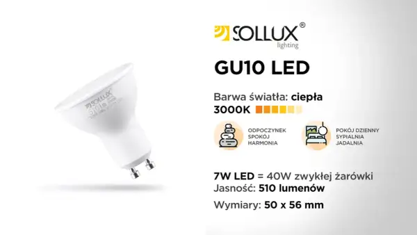 Żarówka LED GU10 7W 510lm 3000K, porównywalna do 40W tradycyjnej. Pokazuje różnicę między żarówkami halogenowymi a retrofitami LED.