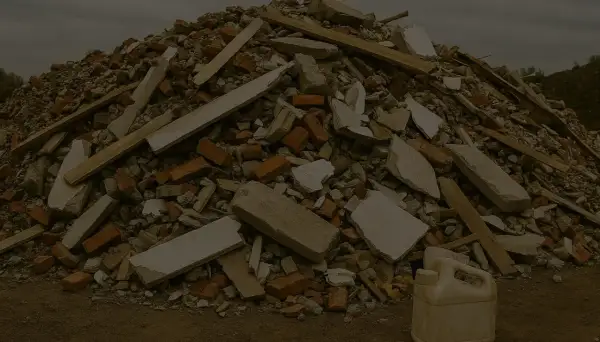 Góra gruzu budowlanego, cegieł i desek. Plastikowy kanister na pierwszym planie. To przypomina, dlaczego serwisy oponiarskie doliczają opłatę za utylizację ciężarków ołowianych.