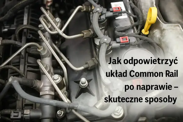 Silnik diesla z widocznym układem Common Rail. Tekst: "Jak odpowietrzyć układ Common Rail po naprawie – skuteczne sposoby". Wymiana filtra paliwa w dieslu a zapowietrzenie układu.