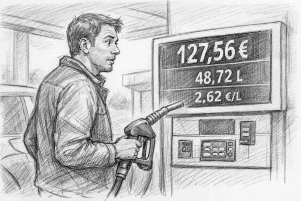 Zaskoczony kierowca widzi rachunek za paliwo 127,56€. Zastanawia się, ile naprawdę zarabia mechanik na marży za części, gdy ceny tak rosną.