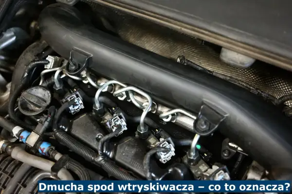 Silnik diesla, widok na wtryskiwacze i przewody paliwowe. Dmuch spod wtryskiwacza może wskazywać na przyczyny przedmuchów do skrzyni korbowej w starym dieslu.